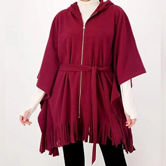 Susan Graver Hooded Poncho Weekend Fleece w/Fringe Black 4X NWOT - Picture 2 of 10